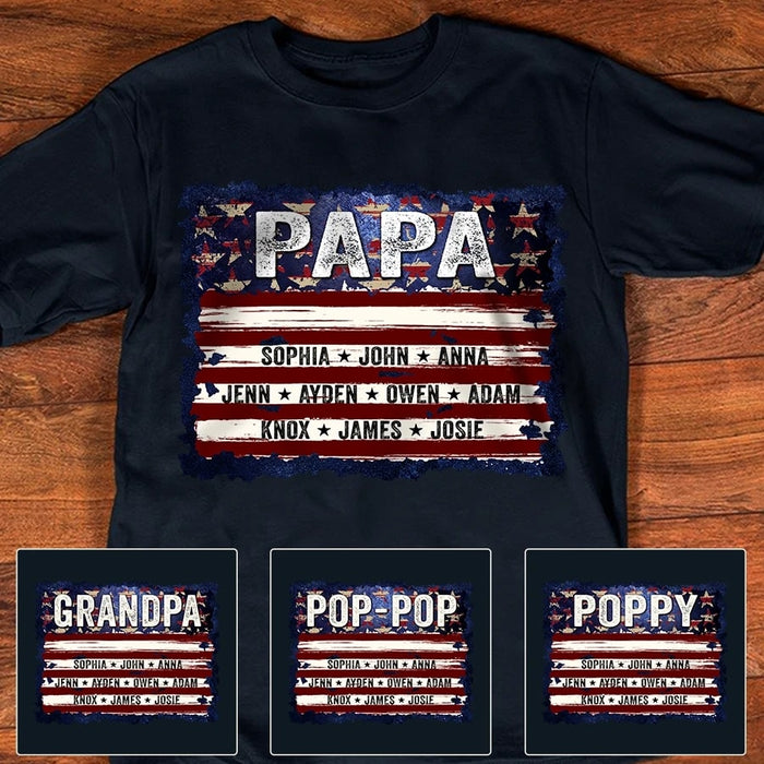 Personalized Shirt For Papa Flag With Grandkids Name Father's Day Shirt