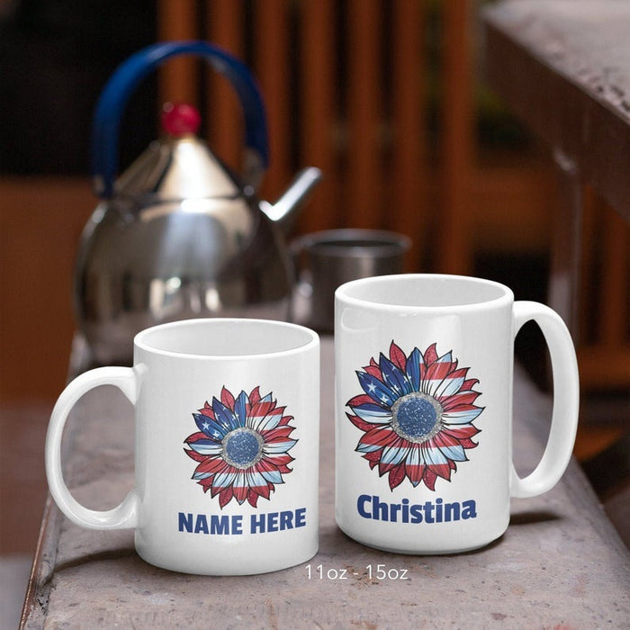 Personalize Mug American Sunflower Mug US Flag Art Printed Mug 11Oz 15Oz Ceramic Mug