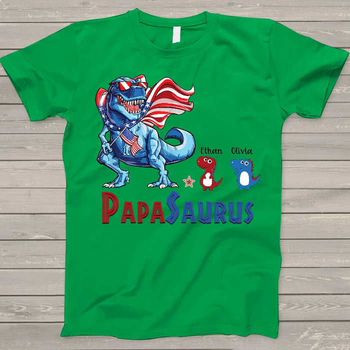 Personalized Tee Shirt For PapaSaurus Independence Day T-Shirt Custom Kids Name