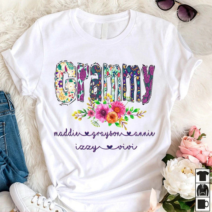 Personalized Tee Shirt For Grandma Nana Flower Art Print Shirt Custom Grandkids Name