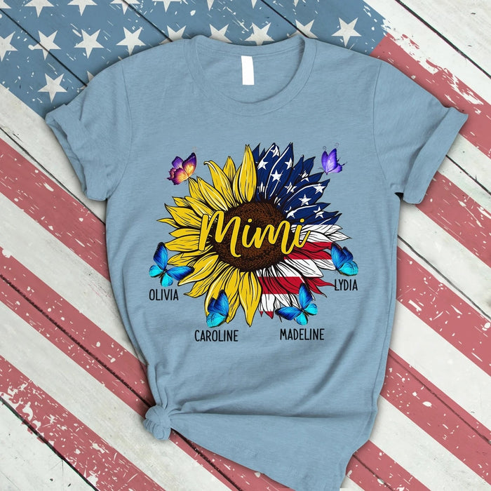 Personalized Shirt For Mimi Sunflower USA Flag For Grandma Custom Nickname And Grandkid's Name