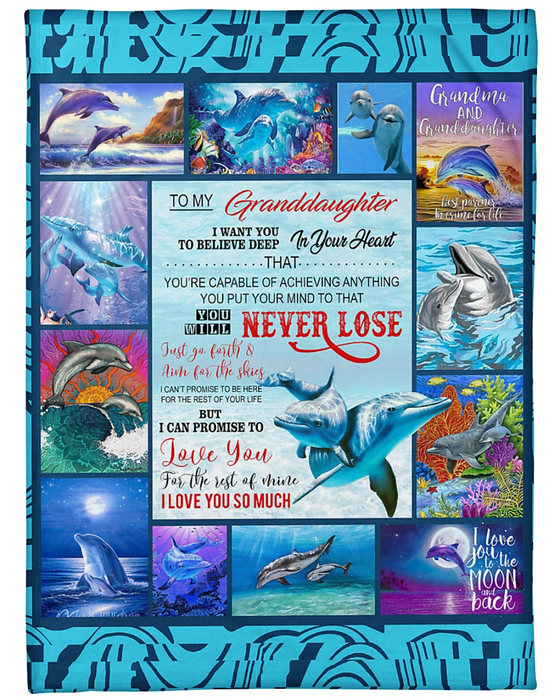 Personalized Fleece Blanket To My Granddaughter Print Dolphin Family Customized Blanket Gifts for Birthday Thanksgiving