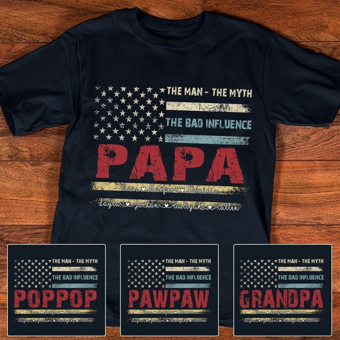 Personalized Shirt For Father's Day The Man The Myth The Dad Influence Papa With Grandkids