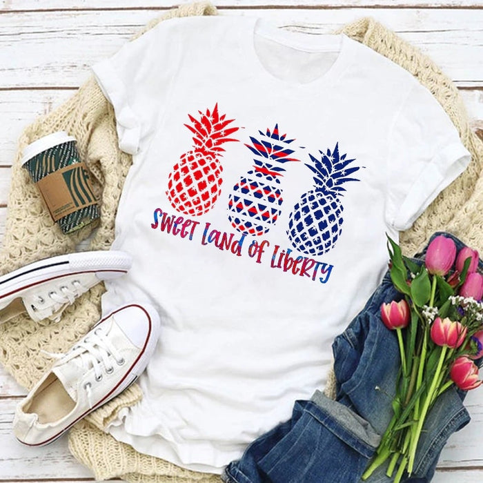 Classic T-Shirt For Women Sweet Land Of Liberty Shirt American Pineapple Art Printed Shirt For Independence Day