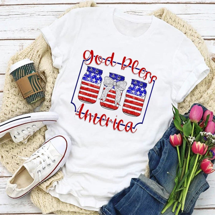 Classic T-Shirt For Women God Bless America Shirt US Flag Art Printed Shirt For Independence Day