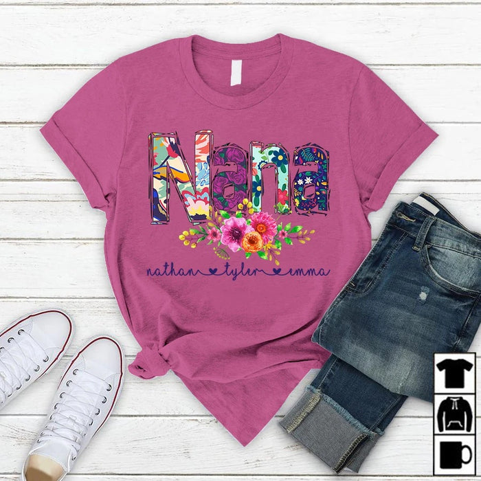 Personalized Tee Shirt For Grandma Nana Flower Art Print Shirt Custom Grandkids Name