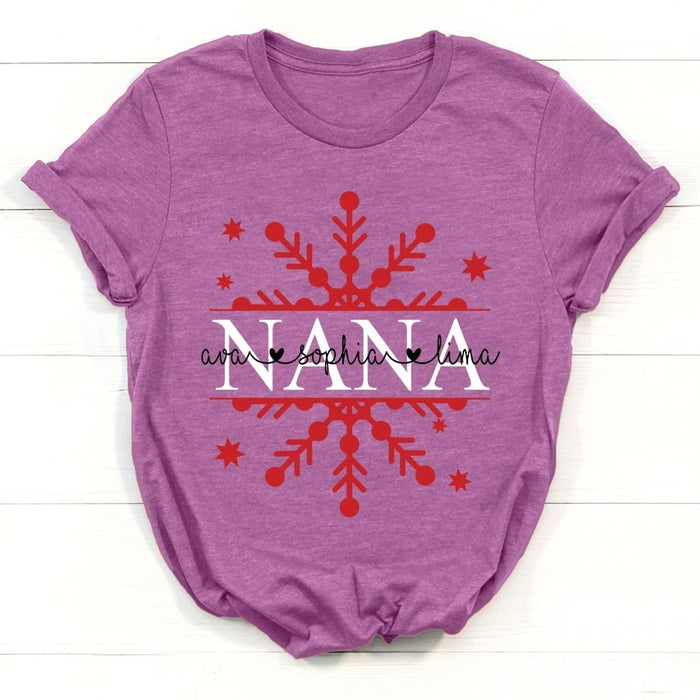 Personalized T-Shirt For Grandma Nana Christmas Snowflakes Shirt Custom Kids Name