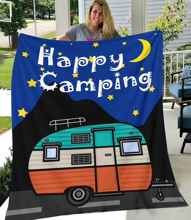 Fleece Blanket For Camping Lovers Happy Camping With Camping Car And Night Sky Printed