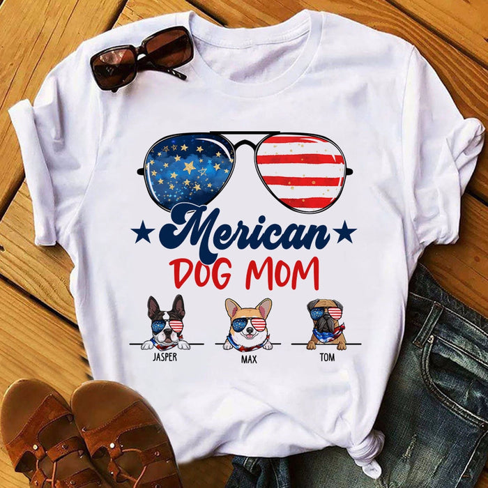 Personalized Merican Dog Mom Shirt 4th of July American Flag Sunglasses Shirt Dog Lover Gifts