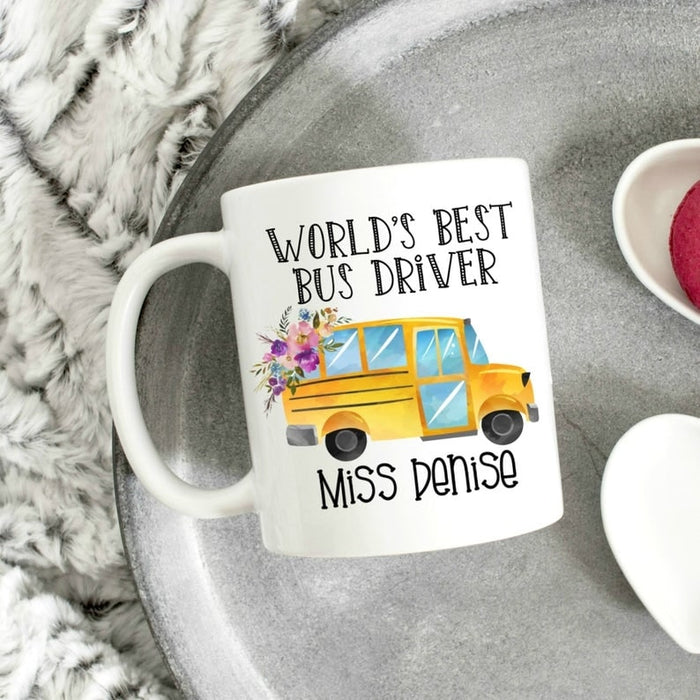 Personalized Coffee Mug For Women World's Best Bus Driver Custom Name Mug Floral Bus Printed 11oz 15oz Mug