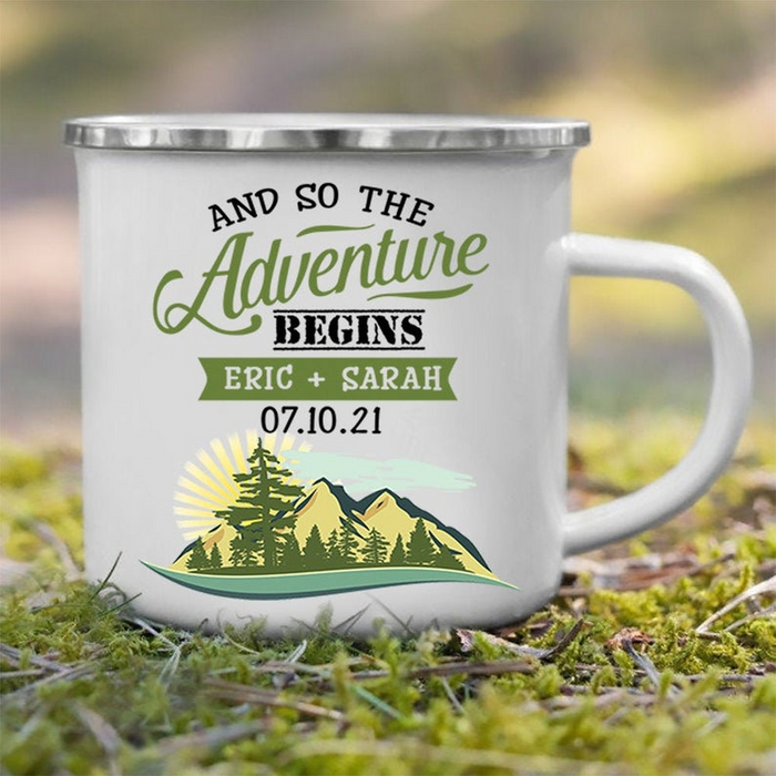Personalized Wedding Campfire Mug 12oz for Fiance Mountain Woodland Adventure Begins Camping Cup for Couples