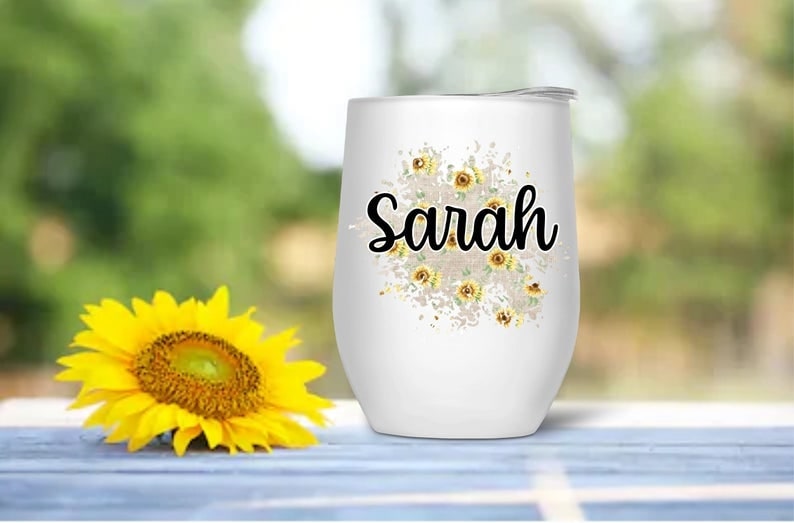 Personalized Name Sunflower Stemless Wine Tumbler 12oz For Girl Women Camper