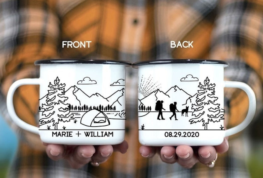 Personalized Hikers Campfire Camping Mug 12oz Custom Hiking Mountain Adventure Travel Cup for Couple Camp Lovers