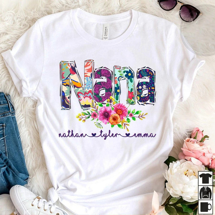 Personalized Tee Shirt For Grandma Nana Flower Art Print Shirt Custom Grandkids Name