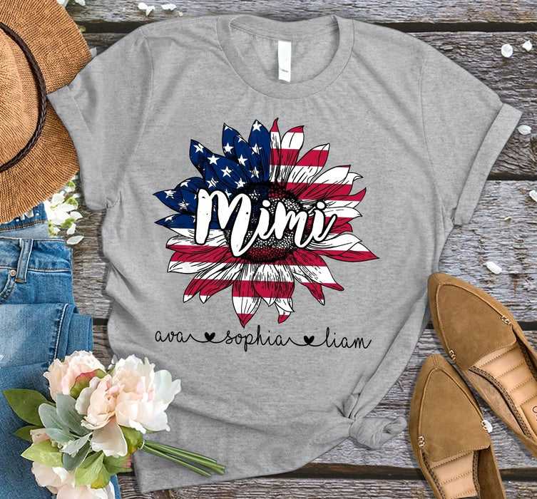 Personalized Grandma T-shirt Sunflower USA Flag Grandma with Grandkids Name Shirt Gifts For Independence Day