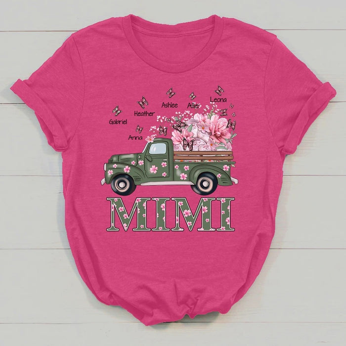 Personalized T-Shirt For Grandma Mimi Floral Truck Art Printed Shirt Custom Grandkids Name