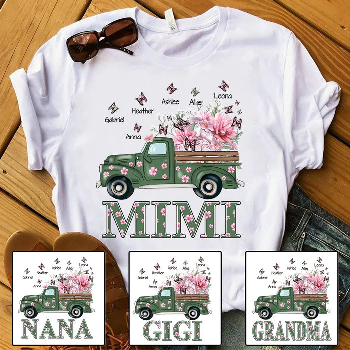 Personalized T-Shirt For Grandma Mimi Floral Truck Art Printed Shirt Custom Grandkids Name