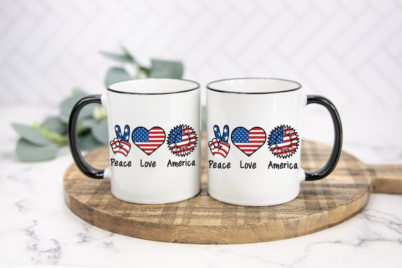 Peace Love America Mug Sunflower Heart US Flag Art Printed Accent Mug Celebration Mug