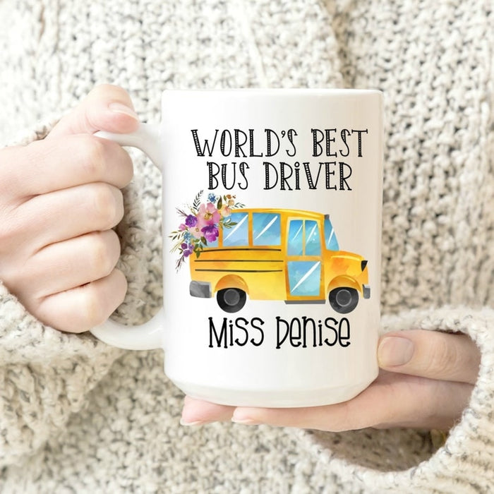 Personalized Coffee Mug For Women World's Best Bus Driver Custom Name Mug Floral Bus Printed 11oz 15oz Mug