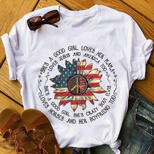 Classic T- Shirt For Mother She A Good Girl Loves Her Mama Shirts Daisy Peace Sign American Flag