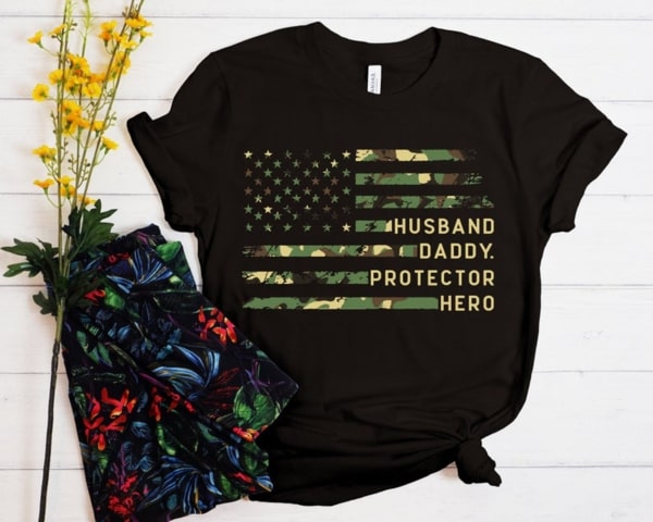 Mens Husband Daddy Protector Hero Shirt Retro Military American Flag Shirt 4th Of July Funny Dad Tee