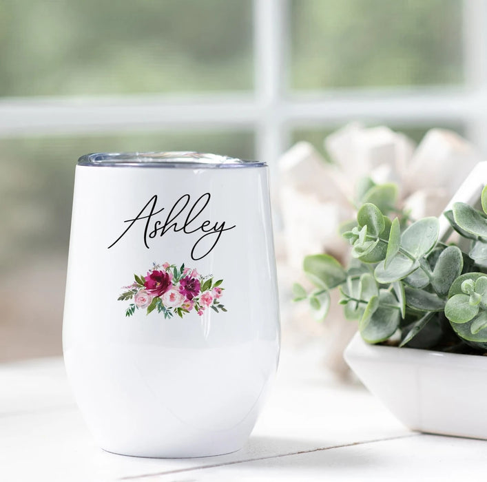 Personalized Wine Tumbler For Women Color Flower Custom Name 12oz White Tumbler With Lid