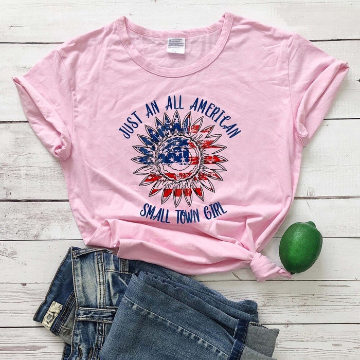 T- Shirt For Women Just An All American Small Town Girl Shirt For Independence Day