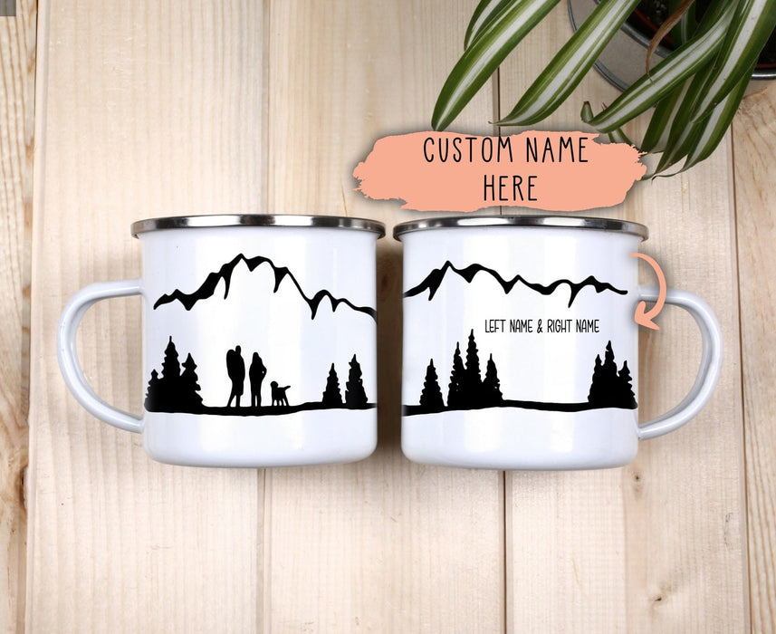 Personalized Camping Mug For Couple Moutain Trees Printed Custom Names 12oz Enamel Mug