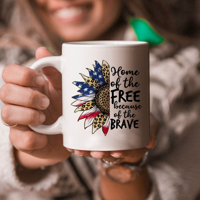 Coffee Mug Home of The Free Because of The Brave Mug Sun Flower USA Flag Art Printed Mug For Fourth Of July 11Oz 15Oz Ceramic Mug