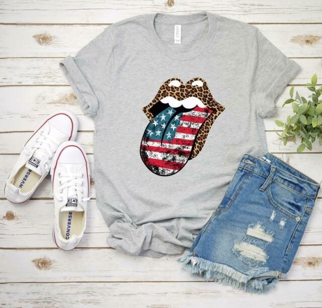 Shirt For Women Cheetah Leopard Lips US Flag Art Printed Shirt For Independence Day