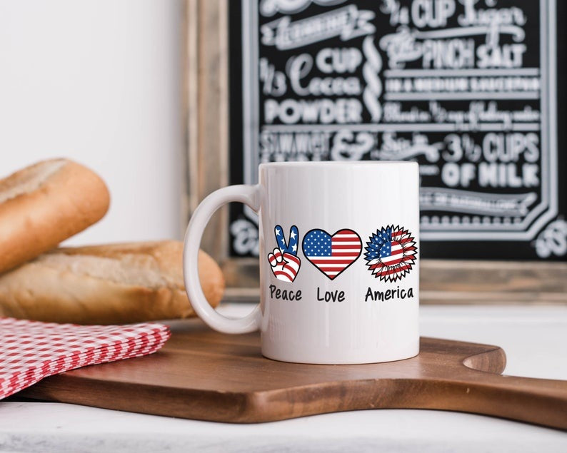 Peace Love America Mug Sunflower Heart US Flag Art Printed Mug Celebration Mug 11Oz 15Oz Ceramic Mug