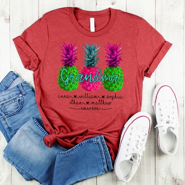 Personalized Shirt For Grandma Pineapple Design Printed Shirts For Summer With Grandkids Name