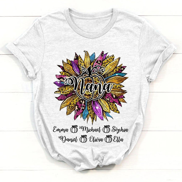 Personalized T-Shirt For Grandma Nana Sunflower Pumpkin Leopard Print Shirt Custom Kids Name