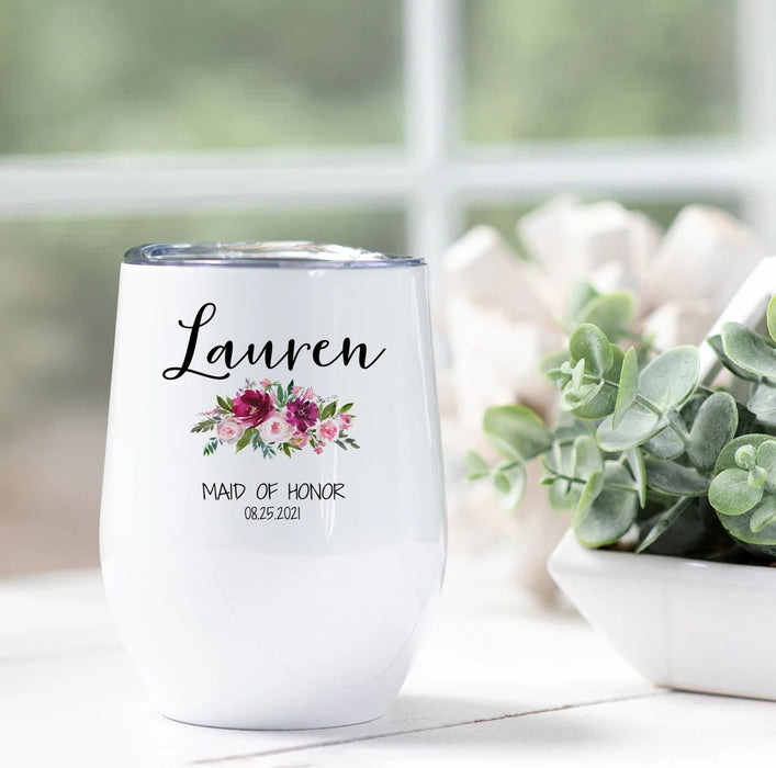 Personalized Wine Tumbler For Bride Floral Maid of Honor Custom Name And Date 12oz Stainless Steel Tumbler