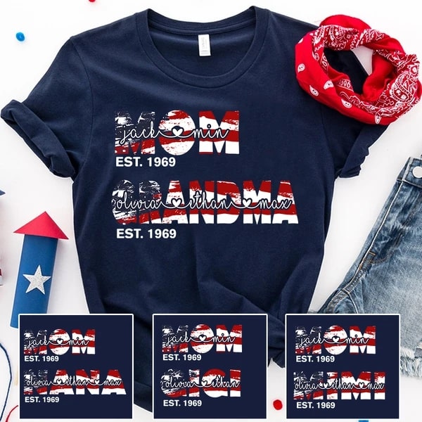 Personalized T-Shirt For Mom Grandma Custom Name And Year Design American Flag Shirt