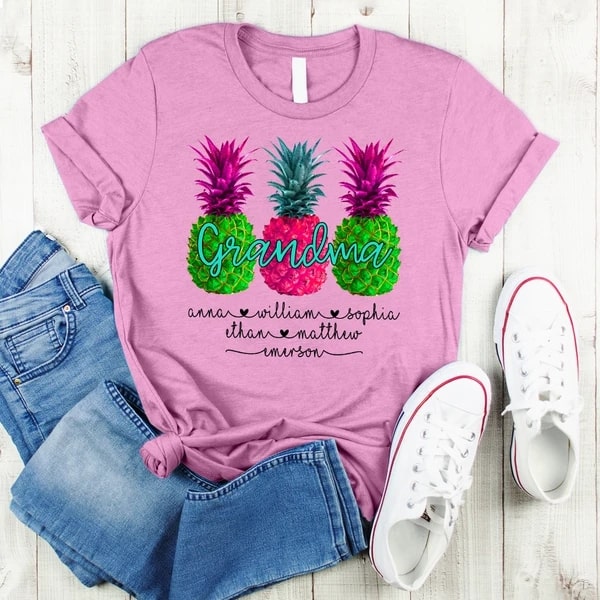 Personalized Shirt For Grandma Pineapple Design Printed Shirts For Summer With Grandkids Name