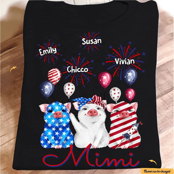 Personalized Independence Day Mimi Shirt with Grandkid Names Cute American Bandana Pigs Tee for Grandma