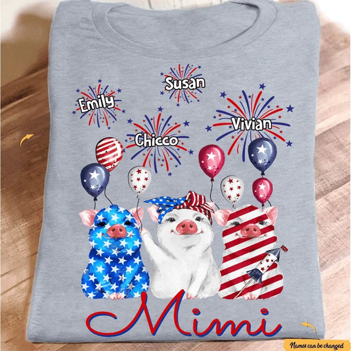 Personalized Independence Day Mimi Shirt with Grandkid Names Cute American Bandana Pigs Tee for Grandma