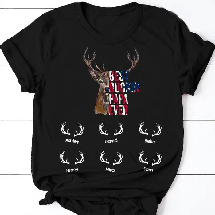 Personalized Hunting Shirt Best Buckin Papa Ever American Flag Custom Grandkids Name