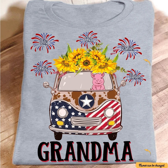 Personalized Sunflower Grandma T Shirt 4th Of July USA Fireworks Nana Shirt from Kids Funny Pig Tee