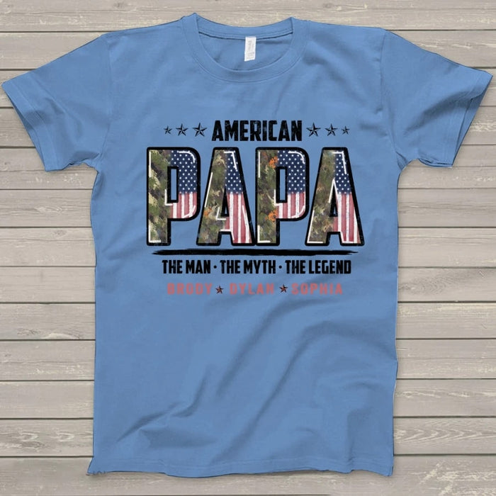 Personalized Shirt For Grandpa American Papa The Man The Myth The Legend Custom Grankids's Name Design Flag Shirt For Papa