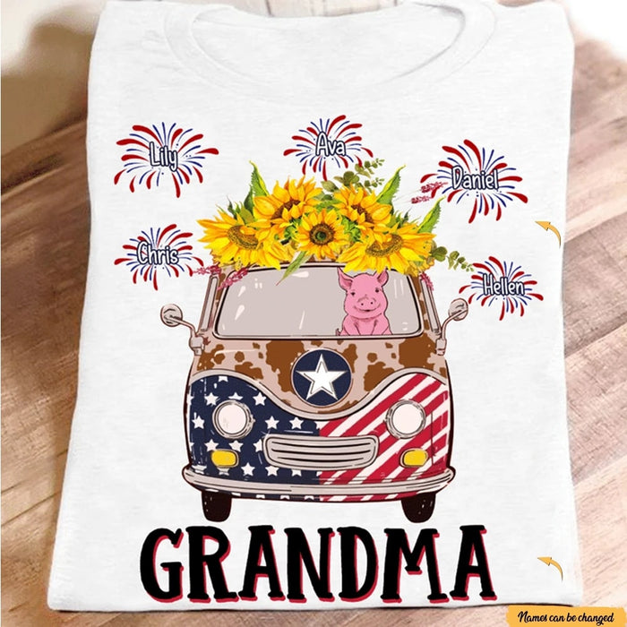 Personalized Sunflower Grandma T Shirt 4th Of July USA Fireworks Nana Shirt from Kids Funny Pig Tee