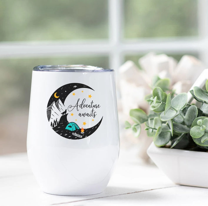 Personalized Wine Tumbler For Hiking Lovers Adventure Awaits Moon Moutain And Wolf 12oz White Tumbler