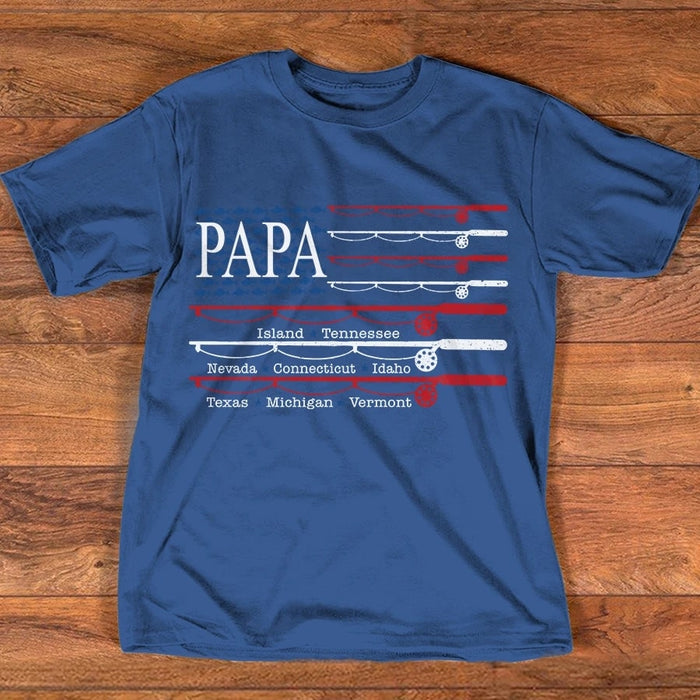 Personalized Shirt For Grandpa Flag Print Fishing Shirt For Papa With Grandkid's Name