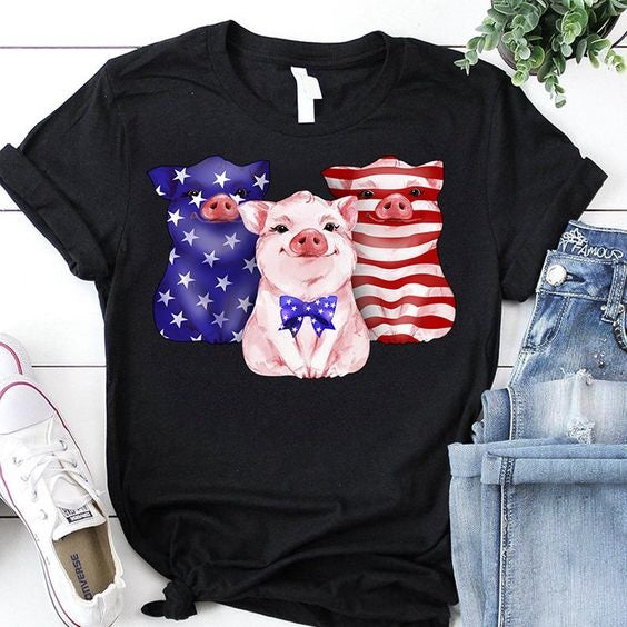 Classic T Shirt Three Cute Pig Bandana American Flag Shirt For Independence Day