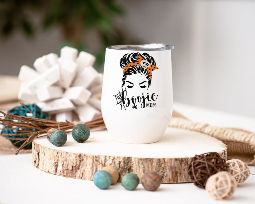 Personalized Boujee Mom Wine Tumbler For Mother Skull Messy Hair Bun Art Tumbler 20Oz For Halloween Holidays