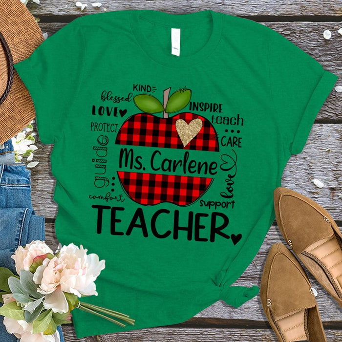 Personalized T-Shirt For Teacher Red Plaid Apple Love Inspire Guide Custom Name Shirt Gifts For Back To School