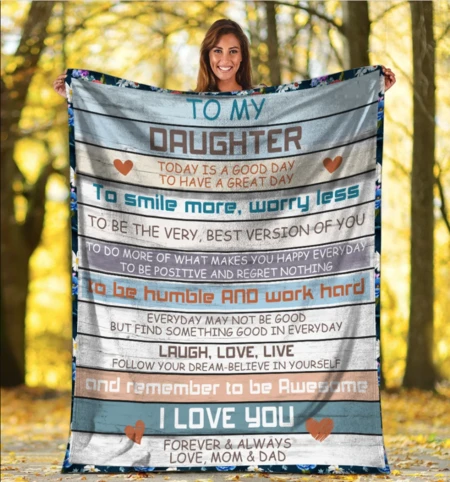 Personalized Fleece Sherpa Blanket To My Daughter Custom Name To Smile More Worry Less Blue Wooden Striped Blanket