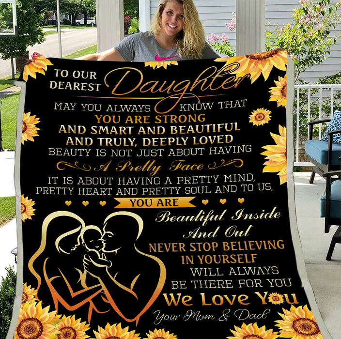 Personalized Sunflower Black Fleece Blanket To Our Daughter From Mom And Dad Custom Name Will Always Be There For You