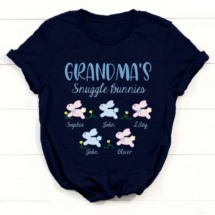 Personalized T-Shirt Grandma'S Snuggle Bunnies Cute Bunny With Flower Printed Custom Grandkids Name Easter Day Shirt